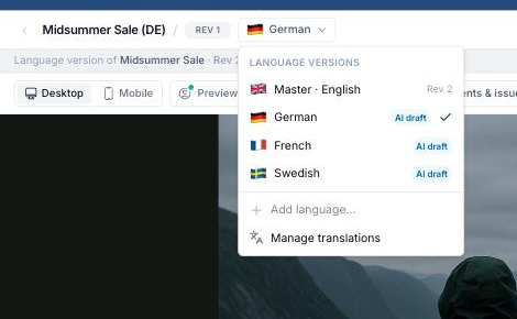 Language switcher menu listing the English master and the German, French, and Swedish versions