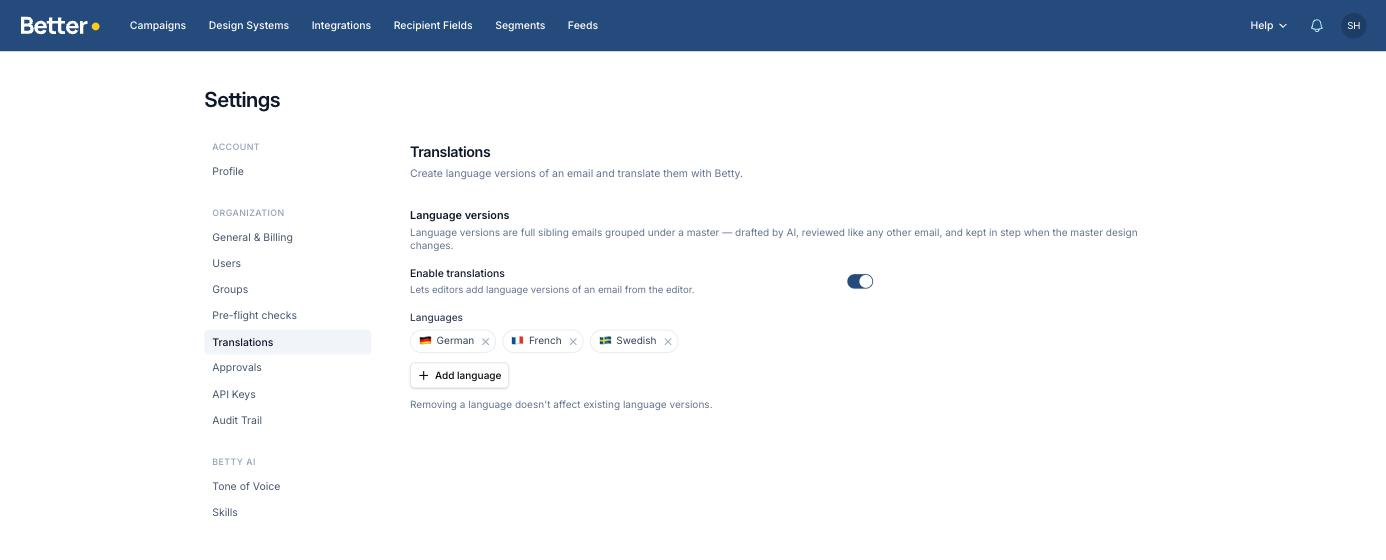Translations settings page with translations enabled and German, French, and Swedish configured