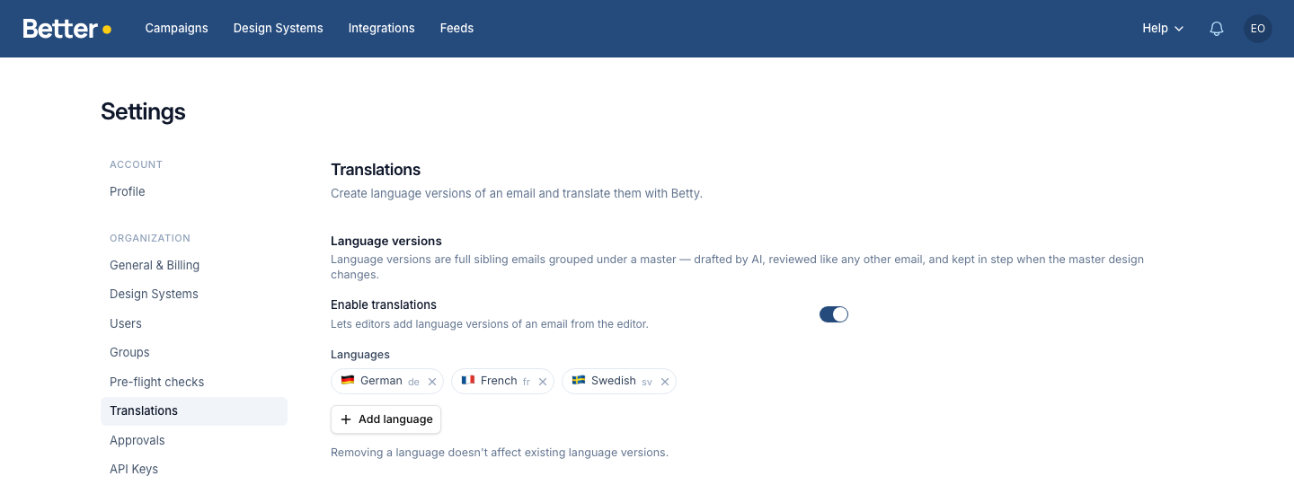 Translations settings page with translations enabled and German, French, and Swedish configured