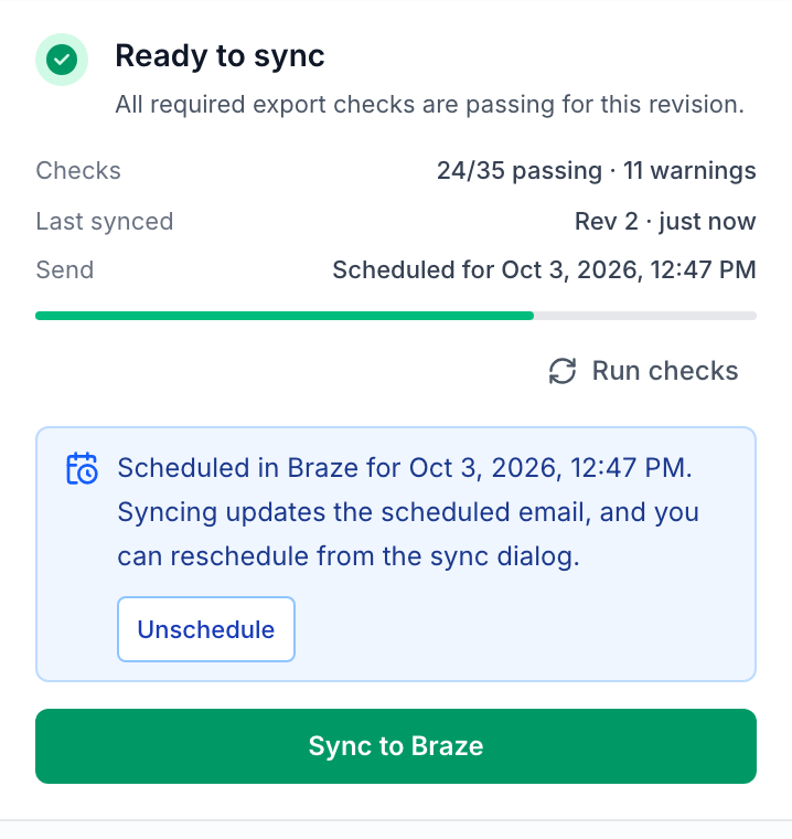 The Review tab sidebar showing a send scheduled in Braze, with an Unschedule button