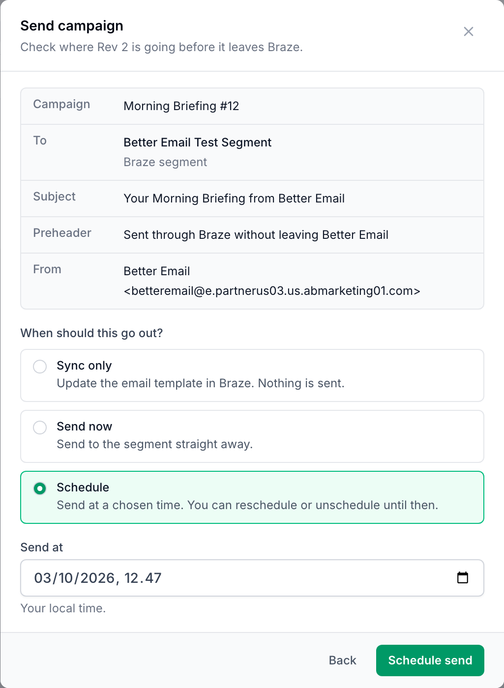 The Send campaign step showing the segment, subject, preheader and sender, with Schedule selected and a send time filled in