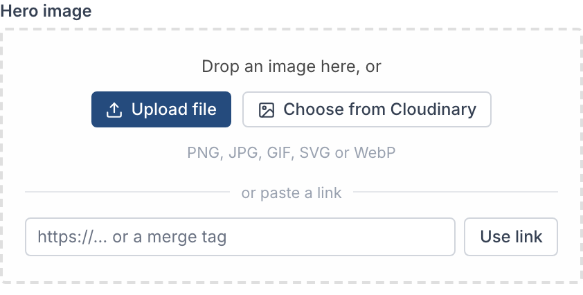 An empty Hero image field with Upload file, Choose from Cloudinary and a box for pasting a link