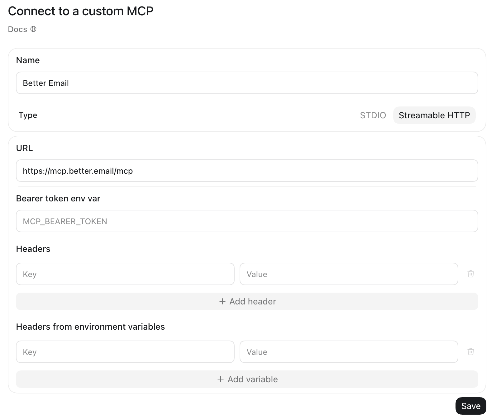 ChatGPT's Connect to a custom MCP form with the name Better Email, Streamable HTTP selected, and the server URL filled in