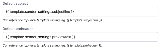 SFMC integration settings with default subject and preheader references